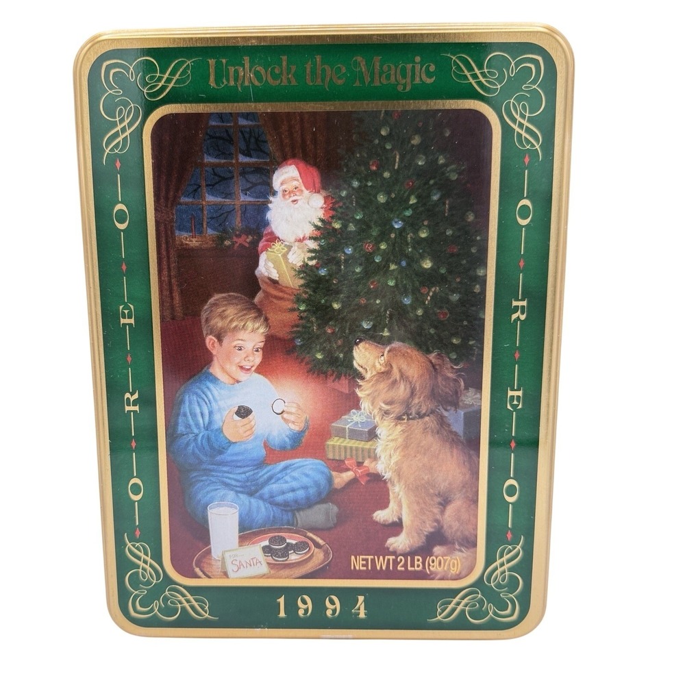 Vintage 1994 Nabisco Oreo Christmas Tin Unlock the Magic Santa Dog Green Gold
